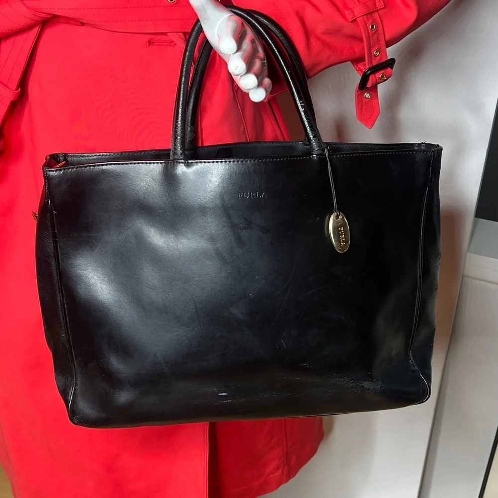 Furla Black Leather Tote Laptop Bag with Shoulder Strap